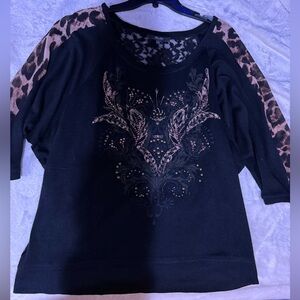 Black Top with Leopard Print Sleeves